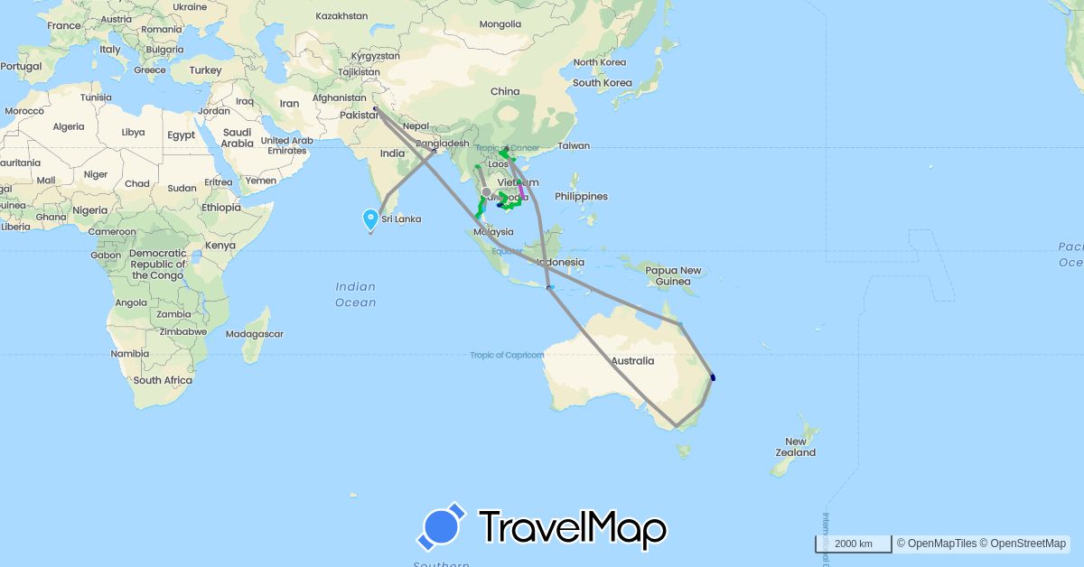 TravelMap itinerary: driving, bus, plane, train, boat, motorbike in Australia, Indonesia, India, Cambodia, Maldives, Malaysia, Singapore, Thailand, Vietnam (Asia, Oceania)